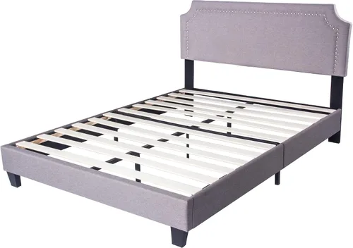 Miniatura 3 de LUCKYERMORE Marco de cama de plataforma tamaño Queen, marco de cama Queen tapizado de 11 pulgadas con cabecero de listones de madera, marco de metal