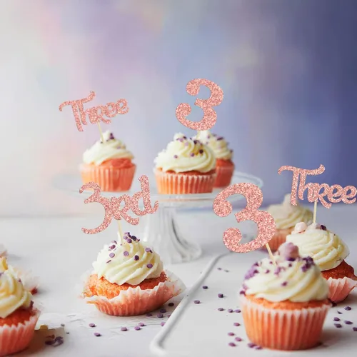 Miniatura 7 de 24 unidades de adornos para cupcakes con purpurina, 3 adornos para cupcakes, púas para cupcakes de 3er cumpleaños, adornos para pastel de baby Oro