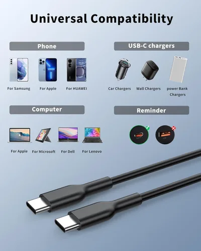 Miniatura 7 de Cable USB C a USB C (paquete de 2, 6 pies, 60 W/3 A) para iPhone 15, carga rápida para iPhone 15 Pro Max Plus, iPad Mini 6/Pro 2021, iPad Air 4