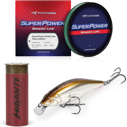 KastKing Superpower - Línea de pesca trenzada Texas Edition, 4 piezas de señuelos trenzados y lubina, con cebos duros y suaves, agua superior,