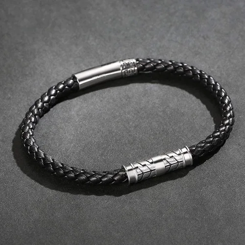 Miniatura 2 de Carleen Destination - Pulsera de cuero genuino de plata de ley 925 para hombre, cuerda trenzada con dije de energía, cierre de botón de bloqueo, 7.5