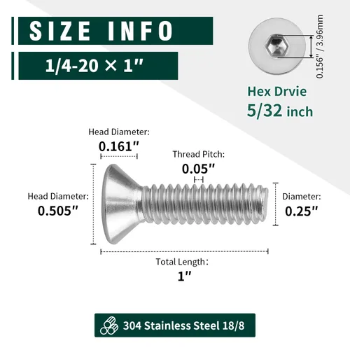Miniatura 4 de Tornillos de cabeza avellanada plana 1/4-20 x 1, cobertura completa de rosca de máquina, unidad hexagonal Allen, acero inoxidable 304 18-8 SS, 25