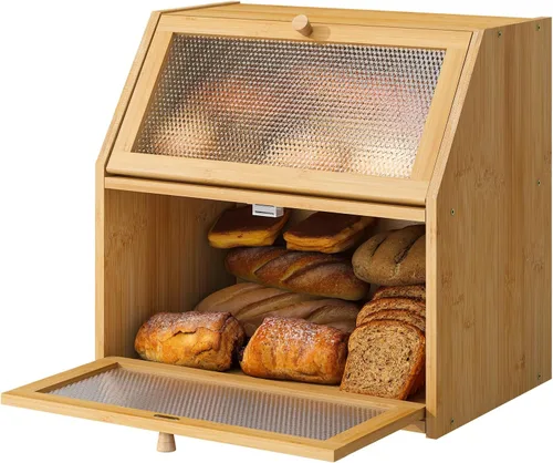 Miniatura 14 de STDDRE Caja de Pan para Encimera de Cocina Cubo de Doble Capa Caja de Almacenamiento de Pan de Capacidad Extra Grande Estilo Granja con Ventanas