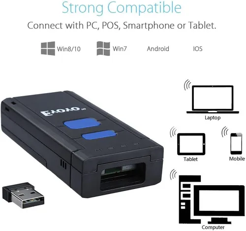Miniatura 4 de Eyoyo Mini escáner de código de barras inalámbrico 1D Bluetooth, Bluetooth 3 en 1 y conexión inalámbrica y cableada 2.4G, lector de código de barras