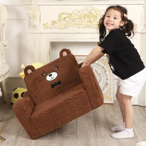 Miniatura 2 de MOMCAYWEX Sofá para niños, sofá de espuma abatible 2 en 1, silla de juego suave para niños pequeños y niños, color marrón
