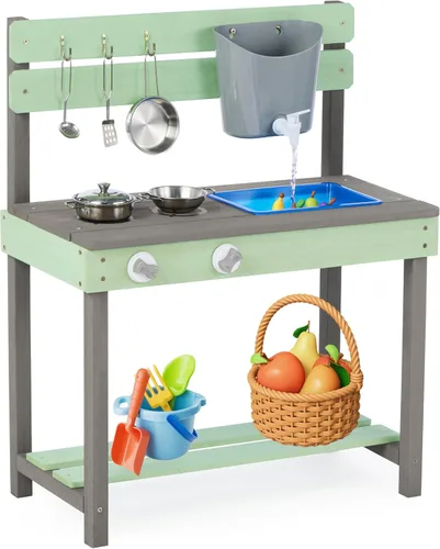 Cocina de madera para niños, cocina de barro al aire libre con juego de agua y juguetes de cocina, juego en el patio trasero para niños de más de 3