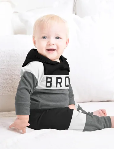 Miniatura 3 de Ropa de bebé niño de manga larga, sudadera con capucha con estampado de letras + pantalones de retazos, 2 piezas, trajes de otoño e invierno
