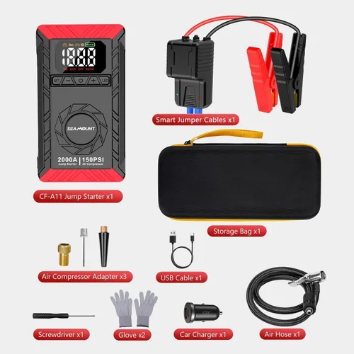 Miniatura 7 de SEAMOUNT Arrancador de 2000A con compresor de aire, cargador y potenciador de batería de auto portátil de 12V para motores de 6.0L de gasolina