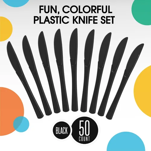 Miniatura 3 de Exquisite Cuchillos de plástico negro, 50 piezas, cuchillos negros, utensilios desechables, juego de cubiertos de plástico resistente