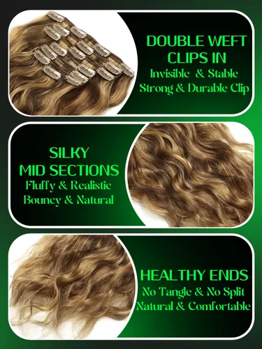 Miniatura 3 de Anrosa Extensiones de cabello humano de 18 pulgadas con clip P #4/27, onda natural, cabello humano Remy real, color piano #4 con color rubio fresa