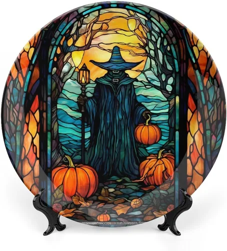 Miniatura 10 de Platos decorativos, diseño de vitrales, plato de exhibición de calabaza y arce de otoño para el hogar, oficina, cocina, decoración de mesa, platos