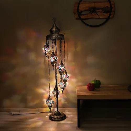 Miniatura 12 de Asylove Lámpara de pie turca, lámpara marroquí de mosaico de 7 globos, iluminación de piso para sala de estar, decorativa para el hogar, diseños