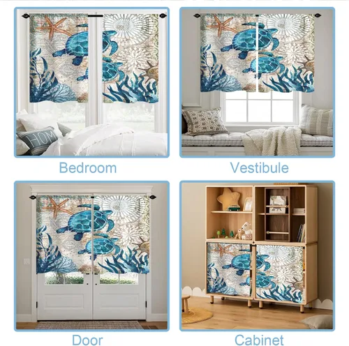 Miniatura 4 de Cortinas cortas de cocina con diseño náutico de tortugas marinas azules y playas, media cortina de baño para dormitorio, juego de 2 paneles de 27.5