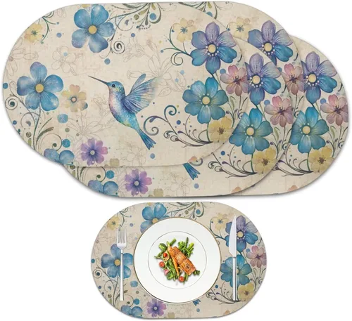 Miniatura 48 de Blue Flower Dining Table Mats Set of 2 Hummingbird Heat Resistant Placemats Washable and Wipeable Non Slip Place Mat, Waterproof Modern Dining Table