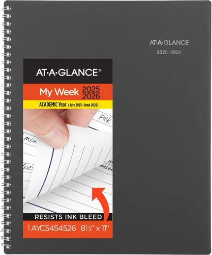 AT-A-GLANCE Agenda 2025-2026 académica, semanal y mensual, 8-1/2 x 11 pulgadas, grande, pestañas mensuales, cubierta flexible, DayMinder, carbón