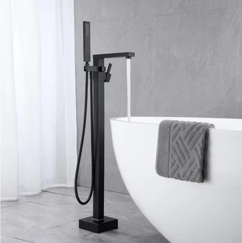 Miniatura 3 de Wowkk Grifo de bañera independiente Llenador de bañera Negro Montaje en el piso Grifos de baño Latón Manija única con ducha de mano