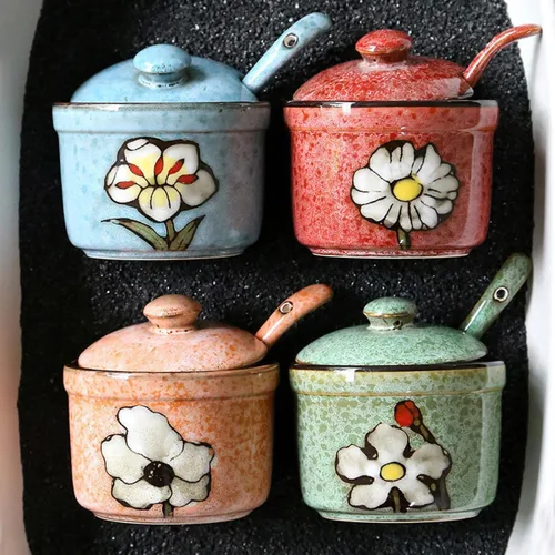 Miniatura 5 de Azucarero de cerámica hecho a mano con tapa y cuchara, tarro de condimento de porcelana de 9 onzas con diseño floral pintado a mano, recipiente