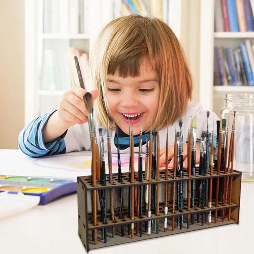 Miniatura 8 de Organizador de pinceles de madera para pintura, soporte de almacenamiento de 67 agujeros, soporte para pinceles de arte para niños