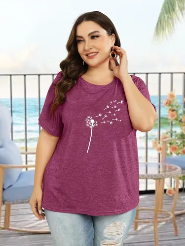 Miniatura 2 de Camiseta de verano para mujer, talla grande, con diente de león, manga corta, cuello redondo, holgada, casual