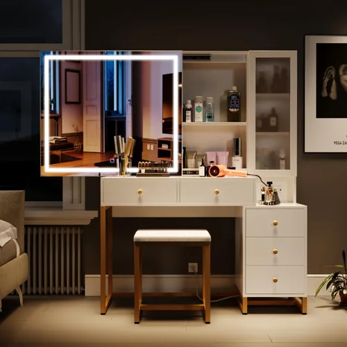 Miniatura 10 de Wildhome Mesa de Tocador con Espejo y Luces, Escritorio de Maquillaje con Tapa de Cristal y Estación de Carga, Mesa de Tocador con Almacenamiento