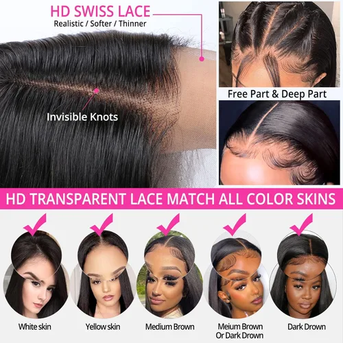 Miniatura 6 de Hoacon Peluca Bob de pelo humano 13x4 con encaje frontal para mujeres negras, peluca HD con encaje frontal de pelo humano, sin pegamento, Negro
