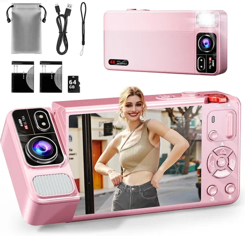 Miniatura 9 de Cámara digital, cámaras 4K de 64 MP para fotografía, pantalla abatible de 270°, enfoque automático, flash, zoom 18X, 2 baterías, tarjeta de 64 GB