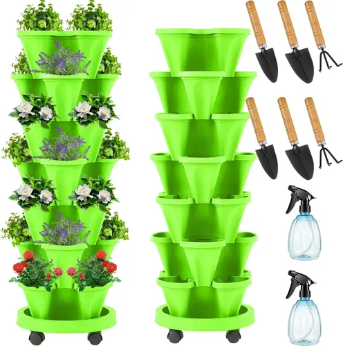 Miniatura 9 de Umigy Juego de 2 macetas verticales de 7 niveles, apilables, macetas de fresa, hierbas y verduras, macetas de jardinería para interiores