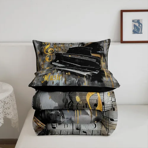 Miniatura 3 de Homewish Piano Music Comforter Set King Size,Musical Notes Bedding Set 3Pcs for Kids Girls Boys Teens Room Decor,Retro Graffiti Grey Gold Down Multi