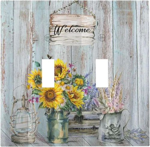 Miniatura 66 de Cubierta de interruptor de luz de 3 cuadrillas con diseño de flores azules púrpuras, cubierta de placa de pared de triple palanca, arbustos florales
