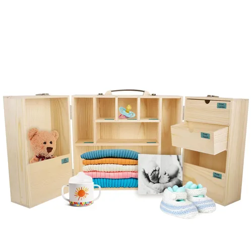 Vencer Caja de recuerdos de bebé, caja de recuerdos de madera para recién nacidos y organizador de memoria con etiqueta escrita a mano para baby