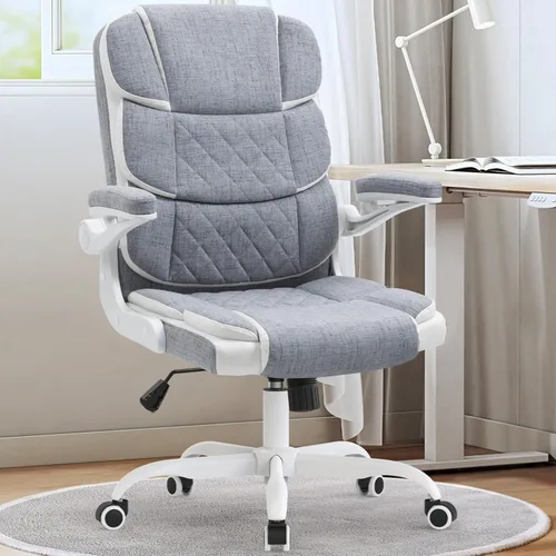 SEATZONE Silla de escritorio de oficina cómoda con reposabrazos abatibles, cómoda silla de escritorio ejecutiva de lino con respaldo medio, altura