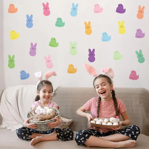 Miniatura 5 de Calcomanías de pared de conejo de Pascua – 8 calcomanías de Peeps en total 48 piezas coloridas y bonitas pinturas de vinilo transparente estético