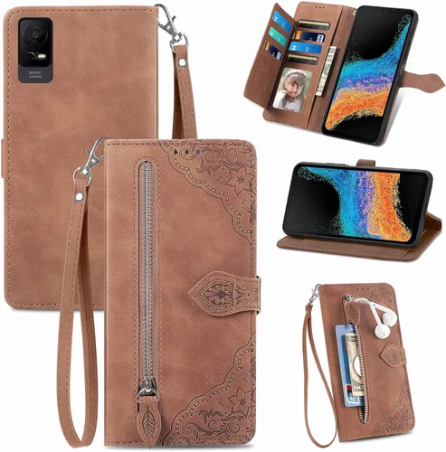 TCL ION X - Funda tipo cartera con cremallera y correa, 7 tarjeteros de cuero con imán y bolsillo para dinero, funda protectora de cuerpo completo