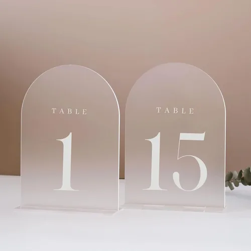 Miniatura 21 de Números de mesa de arco esmerilado para recepción de boda, paquete de 10 piezas de 5x7" Signos acrílicos de arco esmerilado con soporte, números