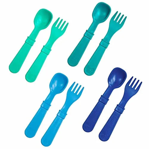 Re-Play Juego de tenedores y cucharas para niños pequeños, juego de utensilios de 4 x 4 para niños, apto para lavavajillas y microondas, fabricado