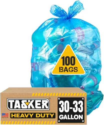 Bolsas de reciclaje de 32 a 33 galones resistentes (paquete megaValue de 100 bolsas con lazos), bolsa de reciclaje azul de 30 a 33 galones, bolsa de
