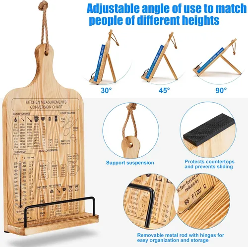 Miniatura 3 de Housejoy Soporte de madera para libros de cocina con 2 delantales, soporte ajustable para encimera de cocina, soporte de madera resistente con tabla