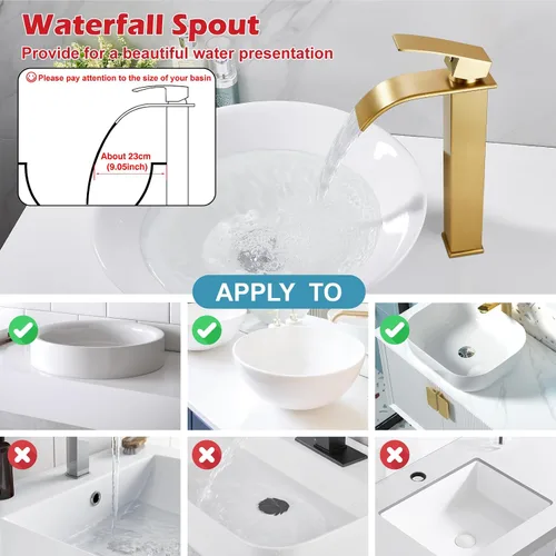 Miniatura 4 de Midanya Grifos altos para lavabo en cascada, lavabo de baño con una sola manija, 1 agujero, moderno, con mangueras de drenaje emergentes y Oro