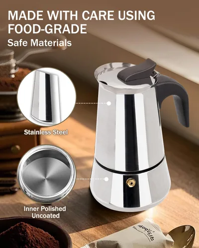 Miniatura 5 de Express Stovetop Coffee Maker 2 Cup 100ml 3.5oz-(Stainless Steel) Italian Espresso Maker Food-Grade Home Kitchen & Camping All Stovetops