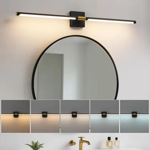 Miniatura 10 de Lámparas de tocador de baño negras y doradas para baño sobre espejo de 30 pulgadas, apliques LED de baño IP44 5CCT ajustables, luces modernas