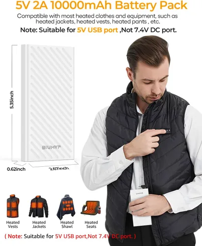 Miniatura 2 de Paquete de batería de chaleco calefactable, batería de 10000 mAh, 5 V 2 A, especialmente diseñada para chaqueta térmica, ropa térmica, manta térmica