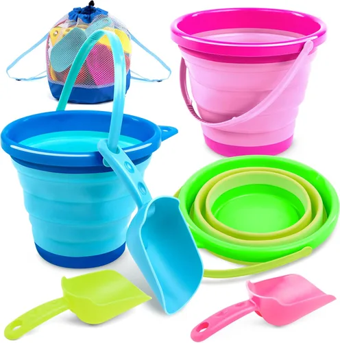 JOYIN Paquete de 3 cubos plegables con palas y bolsa de malla, cubos plegables multiusos para playa, equipo de campamento, fiesta en la playa, pesca