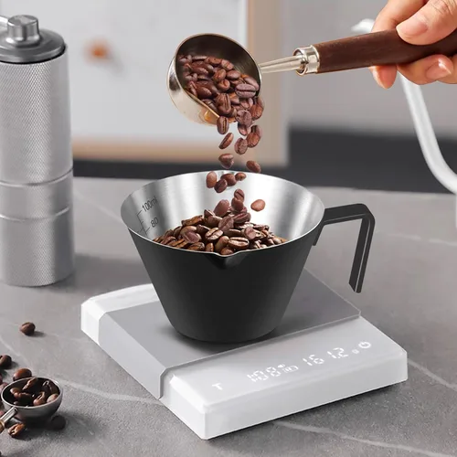 Miniatura 2 de 2 piezas de tazas de espresso de acero inoxidable con asa, taza medidora de metal de doble boquilla con doble escala, taza de espresso con boca