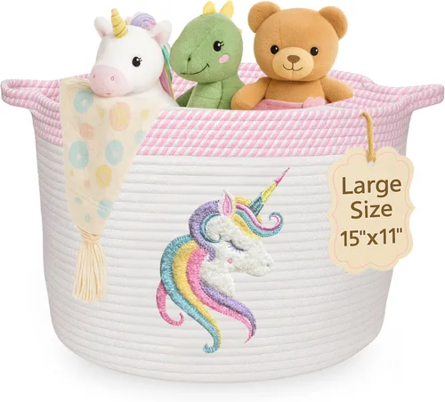 Miniatura 10 de Cesta de almacenamiento de conejo para guardería, cubo grande de cuerda de algodón de 15 x 11 pulgadas con parche bordado suave de conejo