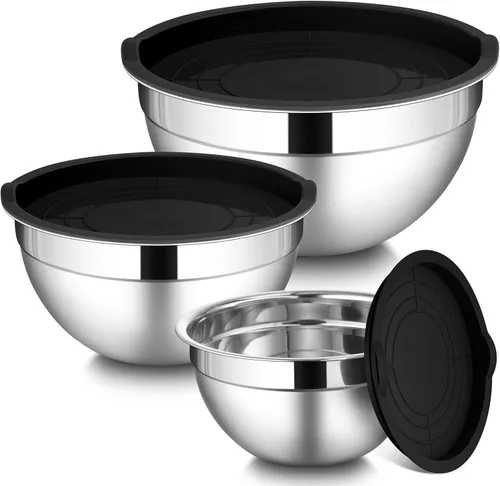 LIANYU Juego de 3 tazones para mezclar con tapas, tazones de metal de acero inoxidable anidables grandes y pequeños para almacenamiento de cocina,