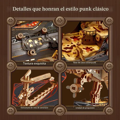 Miniatura 3 de FUNPOLA Rompecabezas de Madera LED 3D Modelo de Dirigible de Fantasía - Kit de Manualidades Steampunk DIY con Luces LED - Conjunto de Construcción