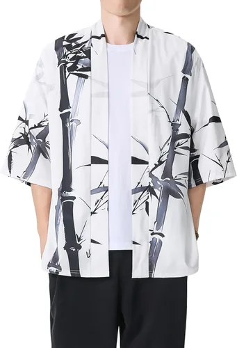 PRIJOUHE Chaqueta Kimono Ligera para Hombre de Manga Tres Cuartos con Frente Abierto Cárdigan Estilo Japonés