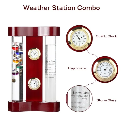 Miniatura 3 de Lily 's Home estación meteorológica con termómetro, vidrio de tormenta, reloj de cuarzo de precisión y el higrómetro. Caoba