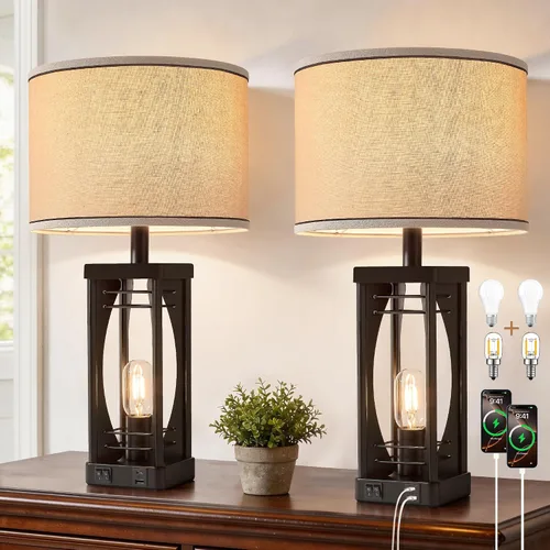 Miniatura 8 de SRJJA Juego de 2 lámparas de mesa de granja para sala de estar y dormitorio, lámparas de noche industriales rústicas para mesitas de noche con USB