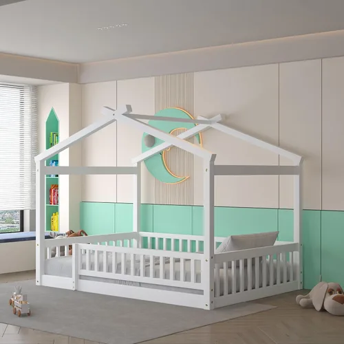 Miniatura 16 de Quarte Cama de madera de tamaño individual con valla y puerta, cama de madera en el suelo para niños y niñas, fácil montaje (gris lavado/valla y D1)